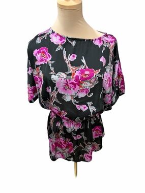 Xhilaration Black Floral Tunic Pink Print Flowy Dolman Sleeve Top Small